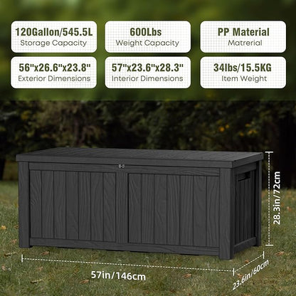 120 Gallon Deck Box,Resin Outdoor Storage Box with Lockable for Patio Furniture, Pool Tools, Garden Tools Waterproof Outside Storage Box (Black)