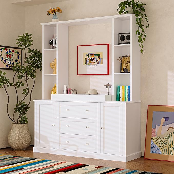 WOODTIME 78.7" Tall Changing Table Dresser with Drawers, Open Shelves and Doors, Multi-Functional Baby Nursery Dresser with Changing Table Top, Versatile Storage Cabinet for Nursery, White