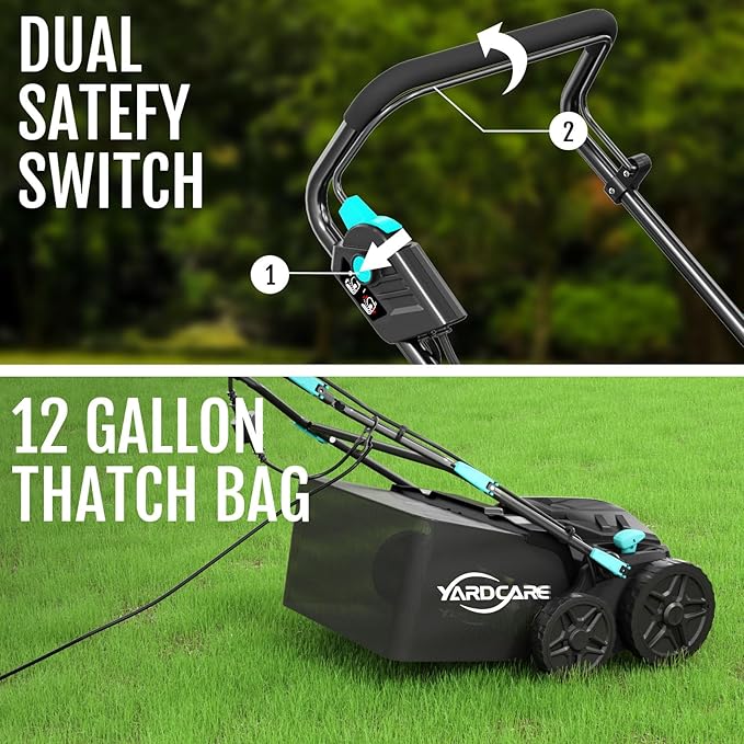 15Amp Lawn Dethatcher with 5-Position Depth Adjustment, 16-Inch 2-in-1 Dethatcher & Scarifier, 12-Gallon Collection Bag, Foldable Design for Easy Storage, Ideal for Lawn Care