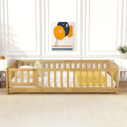 Bellemave Twin Size Floor Bed Frame with Fence and Door for Kids, Montessori Floor Bed with Slats and Safety Guardrails,Solid Wood Twin Bed Frame for Girls Boys,Natural