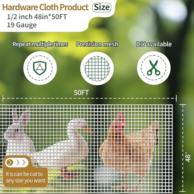 Hardware Cloth,19 Gauge 1/2 in 48in×50ft Galvanized Wire Mesh Roll Chicken Wire Fence Plant Welded Metal Wire Fencing, Supports Poultry Animal Netting Cage Fence Used in Industry, Agriculture, Farming