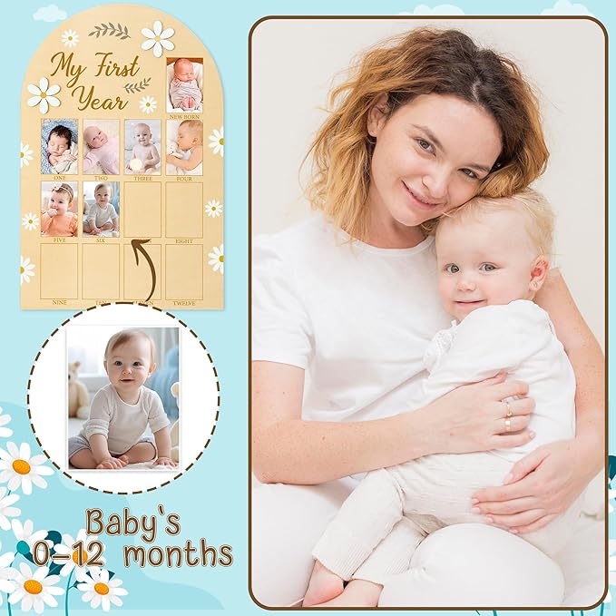 R HORSE My First Year Photo Display Wood Board, 3D Daisy Baby's First Year Picture Frame 12 Months Milestone Board Neutral Baby Keepsake Birthday Nursery Decor Gift for Boy Girl