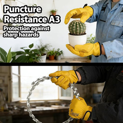 Schwer ANSI A9 Cut Resistant Leather Work Gloves, PM3401 Cut Proof Gloves, Reinforced Fingertips & Palm Cowhide Work Gloves for Construction, Welding, Metalwork, Woodwork & Outdoor Gardening Work, S