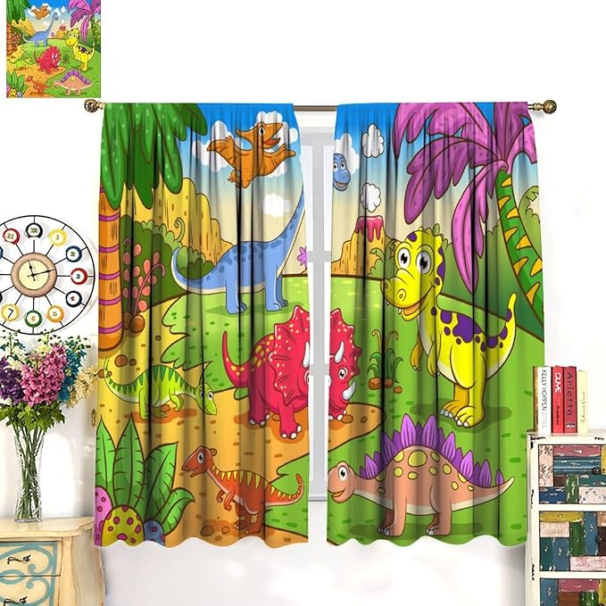 Cute Dinosaur Curtains, Colorful Cartoon Dino Pattern Blackout Window Treatments, Rod Pocket Thermal Insulated Drapes 2 Panel Sets for Kids Bedroom Nursery Classroom, 42" W X 54" L