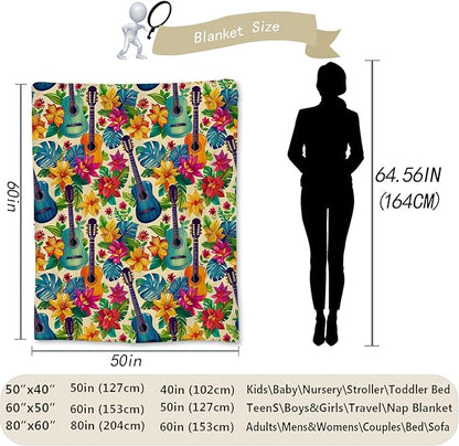 Tropical Colorful Guitar and Floral Blanket, Soft Flannel Throw for Couch, Bed, Travel, Living Room & Home Decor, Cozy Lightweight Warm Fuzzy Blankets for Adults Kids Women Girls 80×60 in