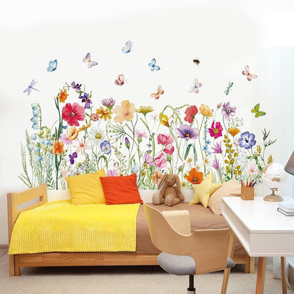 Colorful Flower Wall Sticker Floral Plant Grass Wall Decal Peel and Stick Flowers Butterfly Wall Art Mural Spring Wildflower Wall Sticker Decor for Bedroom Living Room