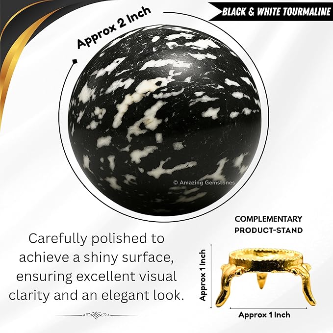Amazing Gemstone Black and White Tourmaline Crystal Ball with Stand - 2" Inches Crystal Sphere Meditation Balls for Witchcraft and Decorative Balls