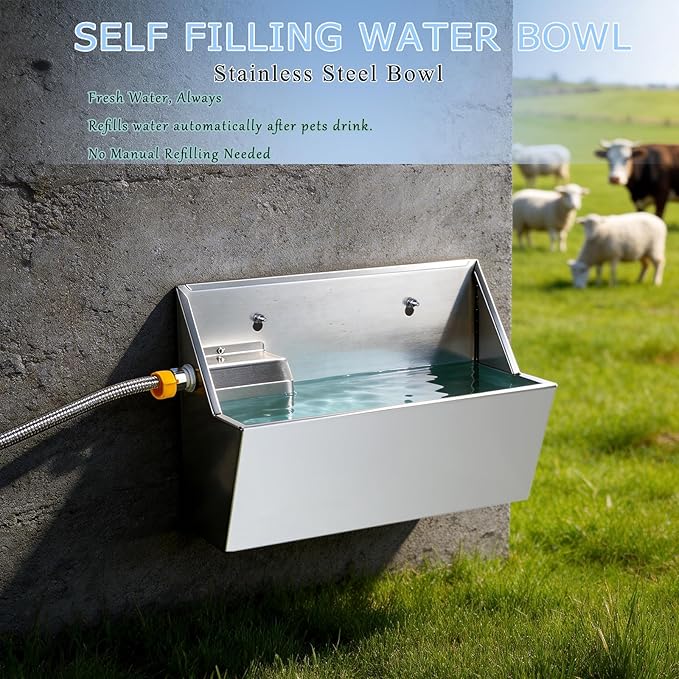 Automatic Water Dispenser for Large Dogs, 2.1 Gallon Stainless Steel Auto Water Bowl Self Filling, Waterer Feeder for Outdoor Animals Drinking, Chicken Livestock (Drainage Hole)