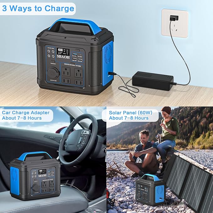 Portable Power Station, 300W 296Wh Generator Quick Charge / 110V AC Outlets/DC Ports and LED Flashlight, Backup for Home Outdoor Travel Camping Blackout blue
