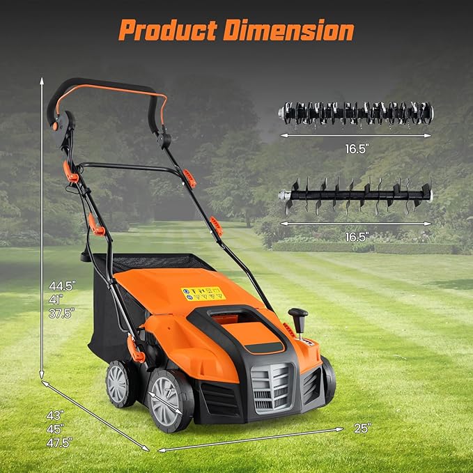 Goplus 2-in-1 Scarifier and Lawn Dethatcher, 16-Inch 15A Corded Electric Dethatcher w/ 14.5-Gal Collection Bag, 3-Position Height Adjustment & 5-Position Depth Adjustment, for Grass Garden Yard