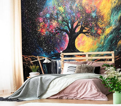 XMPMBM-Tree of Life Forest backsplash Large Decorative Wallpaper Colorful Graffiti Tree Waterfall Bedroom Bathroom Wall Mural- W 154" X H 105"（112 Square Foot）