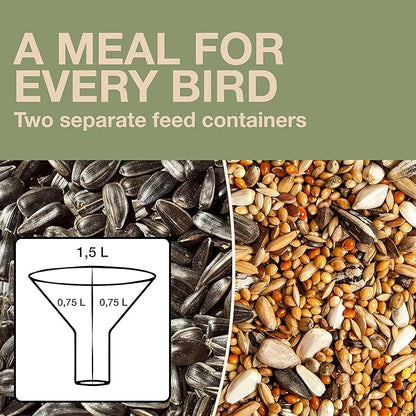 SWISSINNO Bird Feeders - No Mess Hanging Bird Feeder for Outdoors - Smart Birds Davos Spill Proof Wild Cardinal & Small Bird Feeder with Integrated Seed Catcher Tray - Dual Chamber - Sage