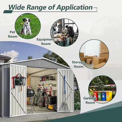 10x10 FT Outdoor Storage Shed, Large Metal Garden Shed with Lockable Hinged Doors, Outside Tool Shed with Sloped Roof & 4 Air Vents, Waterproof Storage Building for Backyard, Patio, Lawn, Gray