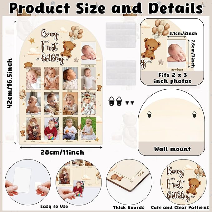 R HORSE My First Year Photo Display Wood Board - 3D Brown Bear Baby's First Year Picture Frame, 12 Months Beary Milestone Board Neutral Baby Keepsake Gift 1st Birthday Nursery Decor for Boy Girl