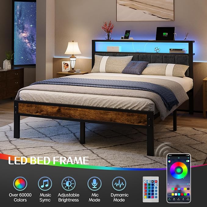 Queen Size Bed Frame with 2-Tier Storage Shelves Headboard, Platform Bed with
