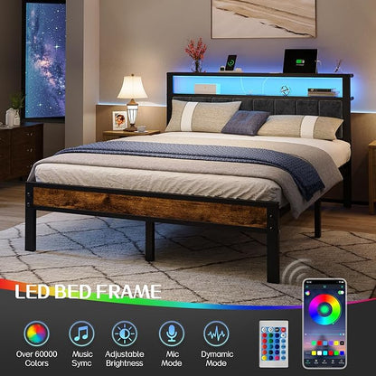 Queen Size Bed Frame with 2-Tier Storage Shelves Headboard, Platform Bed with