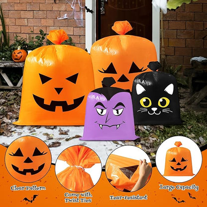 CNhoqc Halloween Lawn Leaf Bags - 24Pcs Halloween Theme Pumpkin Black Cat Ghost Mummy Patterns Waste Bags with Twist Ties, Large Grass Plastic Trash Container for Garden Outdoor Halloween Decorations