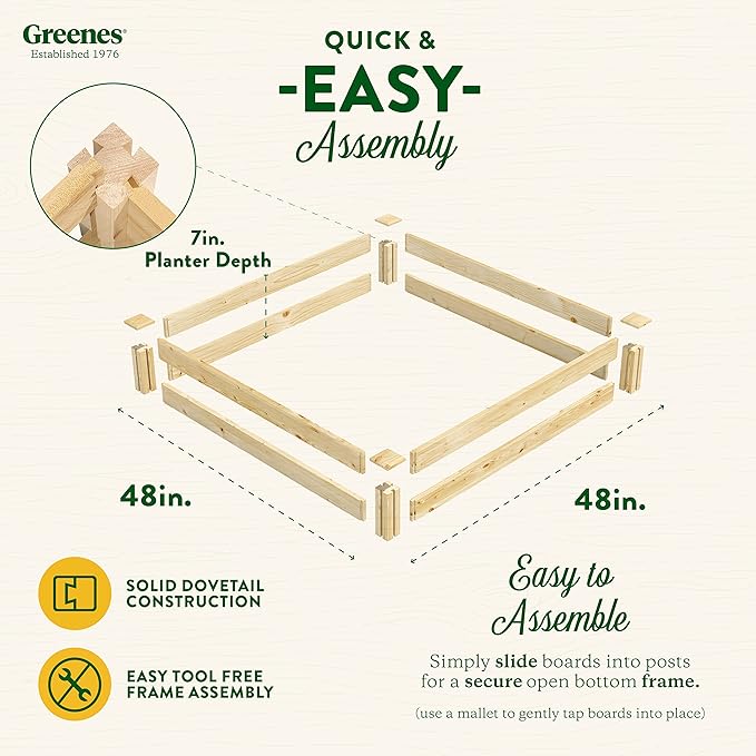 Greenes Fence Original Pine Raised Garden Bed, 4' x 4' x 7" - Made in USA with American Pine