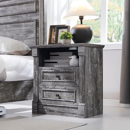 26" Tall 2 Drawers Dresser for Bedroom, Farmhouse 23.6" Wide Large Nightstand with Charging Station, Wood Rustic Side Table w/Roman Column, End Table for Bedroom, Living Room, Light Grey
