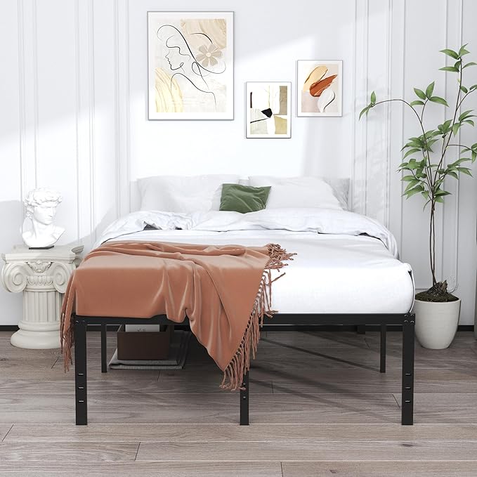 EMODA 20 Inch Queen Bed Frame No Box Spring Needed Heavy Duty Metal Tall Platform Bed Frame Queen Size with Large Storage Space, Easy Assembly, Black