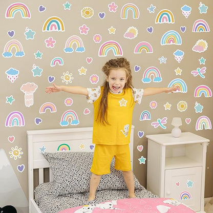 Rainbow Wall Decal Glow in The Dark, Small Watercolor Heart Star Flower Stickers for Girls Room, Kids Boys Baby Nursery Decor