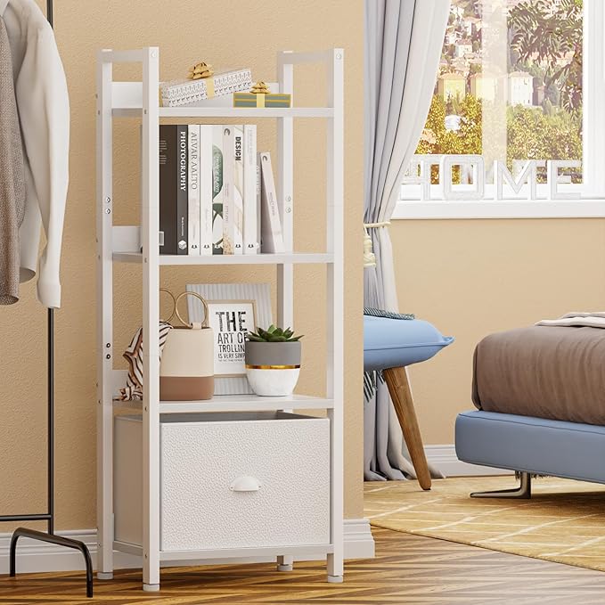 Furologee White 4 Tier Bookshelf with Drawer, Small Narrow Bookcase with Shelves, Modern Free Standing Shelf Unit, Wood and Metal Display Storage Shelves Organizer for Bedroom, Living Room, Entryway