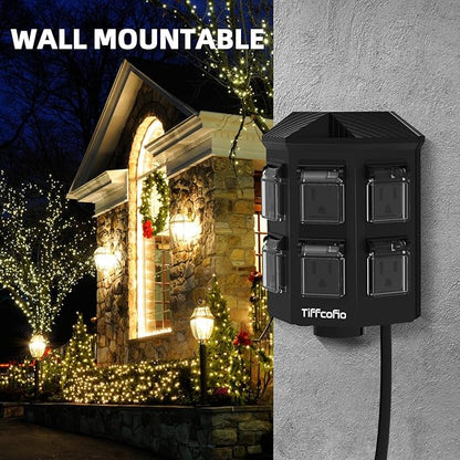 Outdoor Power Strip Weatherproof, 100 FT Extension Cord with Power Stake, 6 Grounded Outlets for Outdoor Lights, 15A/1875W, ETL Listed