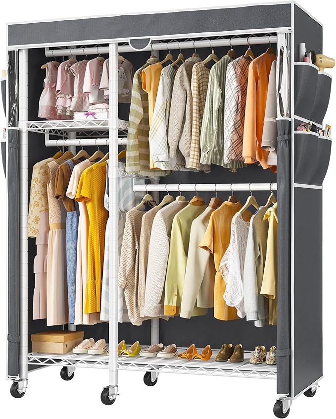 Raybee Clothes Rack with Cover Clothing Racks for Hanging Clothes Heavy Duty Portable Closet with Wheels，Rolling Garment Rack for Bedroom,White