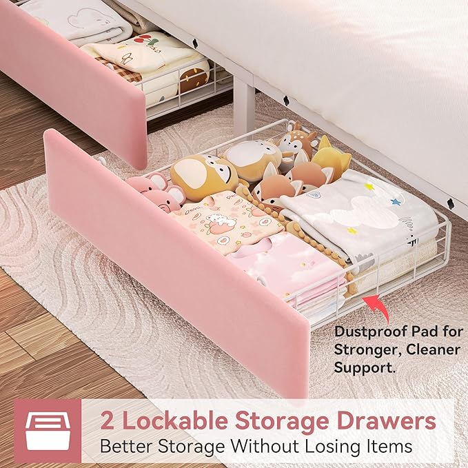 Full Upholstered LED Bed Frame with 2 Storage Drawers and 2-Tier Storage Headboard, Velvet Princess Platform Bed with Charging Station & Bookcase, Heavy Duty Metal Support, No Box Spring Needed, Pink