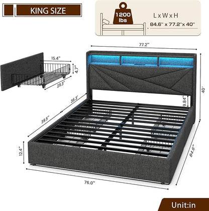 LED King Size Bed Frame with 4 Storage Drawers, Upholstered King Bed Frame with 2-Tier Headboard and Charging Station, No Box Spring Needed, Easy to Assembly - Dark Grey