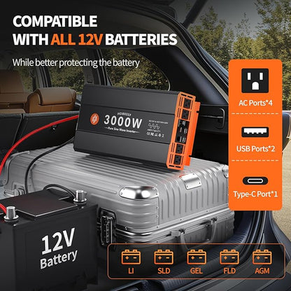 3000W Pure Sine Wave Power Inverter 12V DC to 110V AC Converter Peak Power 6000W for RV Truck Off-Grid Solar Car Inverter with 4 AC Outlets, 2 USB & 1 Type-C Ports, Cables Included, Remote Controller