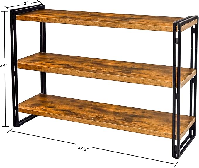 47" 3-Tier Bookshelf Rustic Wood and Metal Industrial Bookshelf for Home Office, Bedroom, Kitchen, Bathroom (Rustic Brown, 3-Tier)