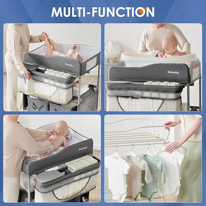 Sweeby Portable Baby Changing Table, Foldable Changing Table Dresser Changing Station for Infant, Waterproof Diaper Changing Table Pad Topper, Mobile Nursery Organizer for Newborn Essentials,Darkgrey
