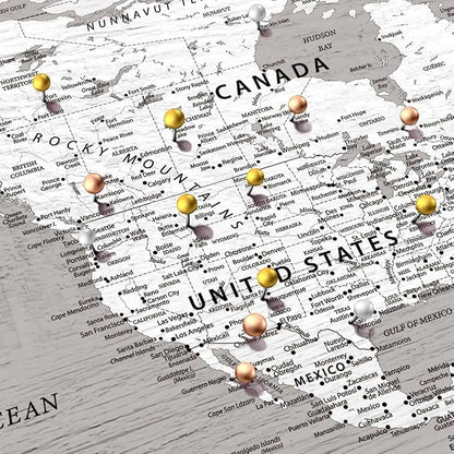 ElephantStock - Let's Travel II Push Pin World Map Wall Art - Horizontal Canvas Wall Art - Living Room Wall Decor - Digital Art Map Canvas Art - Gray And White Decor - 45" x 30"