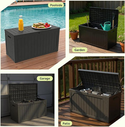 100 Gallon Resin Deck Box, Waterproof Outdoor Storage Bin for Patio Furniture, Pool Accessories, and Garden Tools, Lockable & UV-Resistant, Black