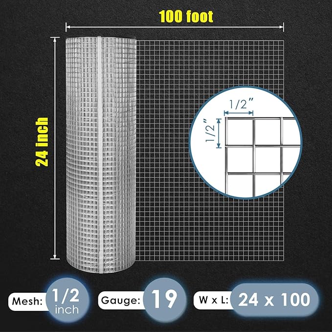 GoldPeak 1/2 inch Hardware Cloth 24 inch x 100 Foot 19 Gauge, Hot-dip Galvanized After Welding, Wire Mesh Fencing Chicken Wire Fencing Rat Wire Chicken Coop Cover Garden Fence Tree Guard
