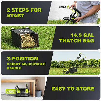 16-Inch Electric Dethatcher and Scarifier, YERYORK 2-in-1 Scarifier and Lawn Dethatcher with Powerful 15.5 AMP Motor 14.5Gal Collection Bag 5-Position Depth Foldable Handle for Lawns(Dark Green)