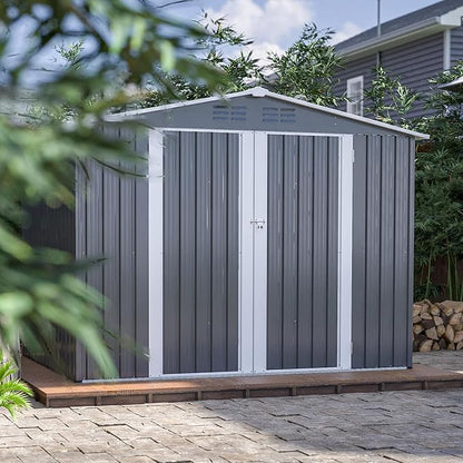 6x8 FT Outdoor Storage Shed, Metal Garden Shed with Frame Floor, Outside Tool Shed with Lockable Hinged Doors, Waterproof Storage Building with Sloped Roof for Backyard, Patio, Lawn, Gray