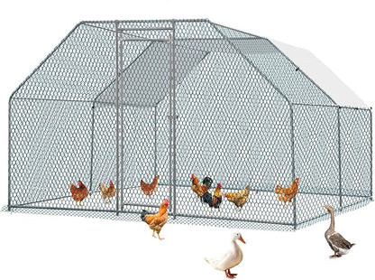 VINGLI Large Metal Chicken Coop, 13.1x9.8x6.5 ft Poultry Cage for Chicken Run, Walk-in Chicken Pen with Waterproof & Anti-UV Cover for Yard Outdoor (Silver-Flat Roof)