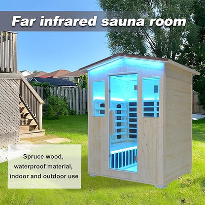 Outdoor Infrared Sauna 4 Person, Spruce Wooden Large Sauna 2600W 240V Heaters Panels With Lcd Display Control Multi Color Light Strip Bluetooth Speaker Oxygen Bar(59.06*47.24*81.89 inch Spruce)
