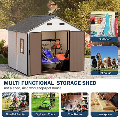 8x8 FT Resin Storage Sheds with Floor and Openable Windows, Large Waterproof Outdoor Plastic Garden Sheds with Base for Backyard Patio Lawn Big Tools Storage, Gray