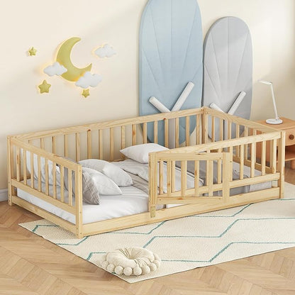 Twin Size Floor Bed Frame with Door and Slats,Montessori Floor Bed with Safety Guardrails for Girls Boys,Solid Wood Kids Montessori Bed Twin Size,Natural