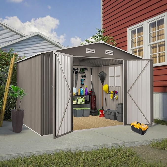 10x8 FT Outdoor Storage Shed,Metal Shed W/Window,Garden Storage Shed W/Lockable Door,All Weather Waterproof Tool House W/ 4 Air Vents & Sloped Roof,for Backyard,Patio,Lawn,Gray