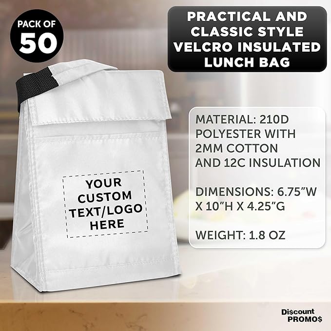 DISCOUNT PROMOS 50 Hook and Loop Insulated Lunch Bags Set - Customizable Text, Logo - Polyester, Durable, Vibrant, Reusable - White