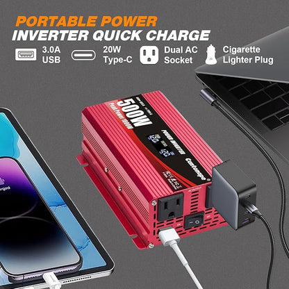 500 Watt Car Power Inverter DC 12V to 110V/120V AC Converter with LCD Display 2 AC Outlets 3.0A USB and Type-C Car Charger Adapter for Car Home Laptop Truck
