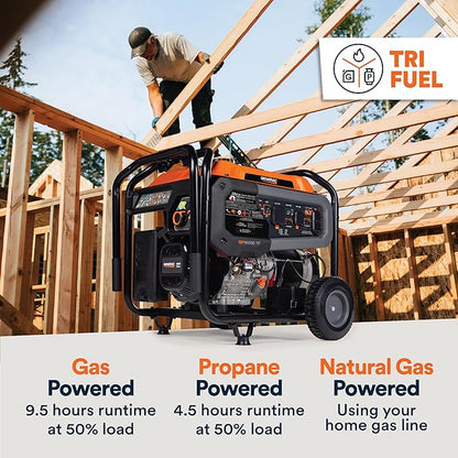 Generac 12,500 Starting Watt Tri-Fuel Portable Generator - Electric Start - Gas, Propane or Natural Gas - Home Backup, Jobsite, or RV - Quiet Operation - Long Runtime - 49-State Compliant