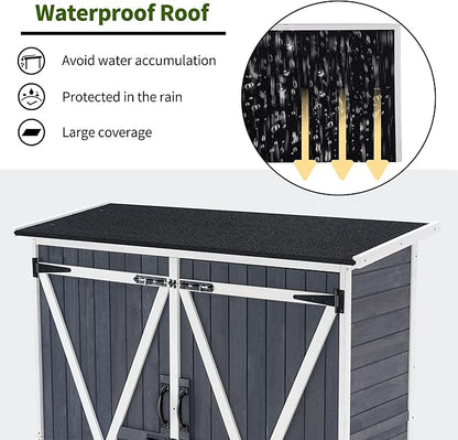 MCombo Outdoor Storage Cabinet with Shelves, Wood Garden Shed with Floor, Outside Tool Shed with 2 Lockable Doors for Backyard Patio Lawn, 1400 (Gray)