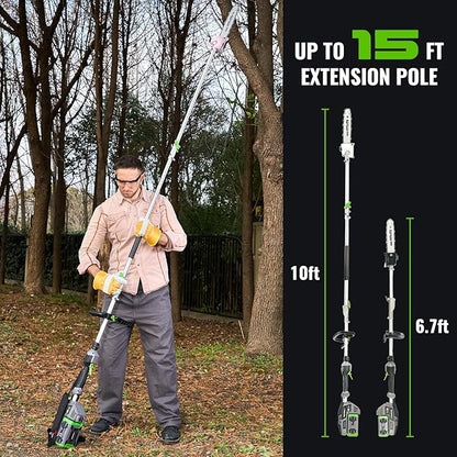 15-FT Cordless Pole Saw 60V Electric Power PoleSaw for Tree Trimming With Pole 10" Cutting Power Max Reach 2.5AH Battery