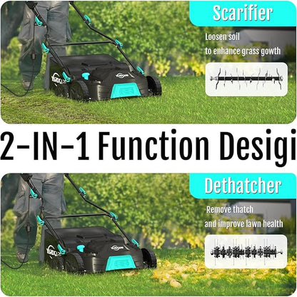 15Amp Lawn Dethatcher with 5-Position Depth Adjustment, 16-Inch 2-in-1 Dethatcher & Scarifier, 12-Gallon Collection Bag, Foldable Design for Easy Storage, Ideal for Lawn Care