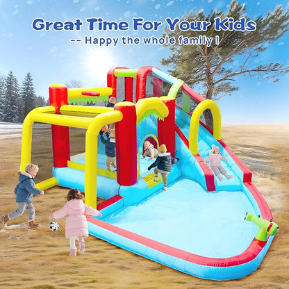 Inflatable Water Slide Bounce Castle with Blower, Dry and Wet Blow Up Jumping Bouncer with Slide, Climbing Wall, Basketball, Funny Tunnel, Soccer, Ball Pit Pool for Outdoor